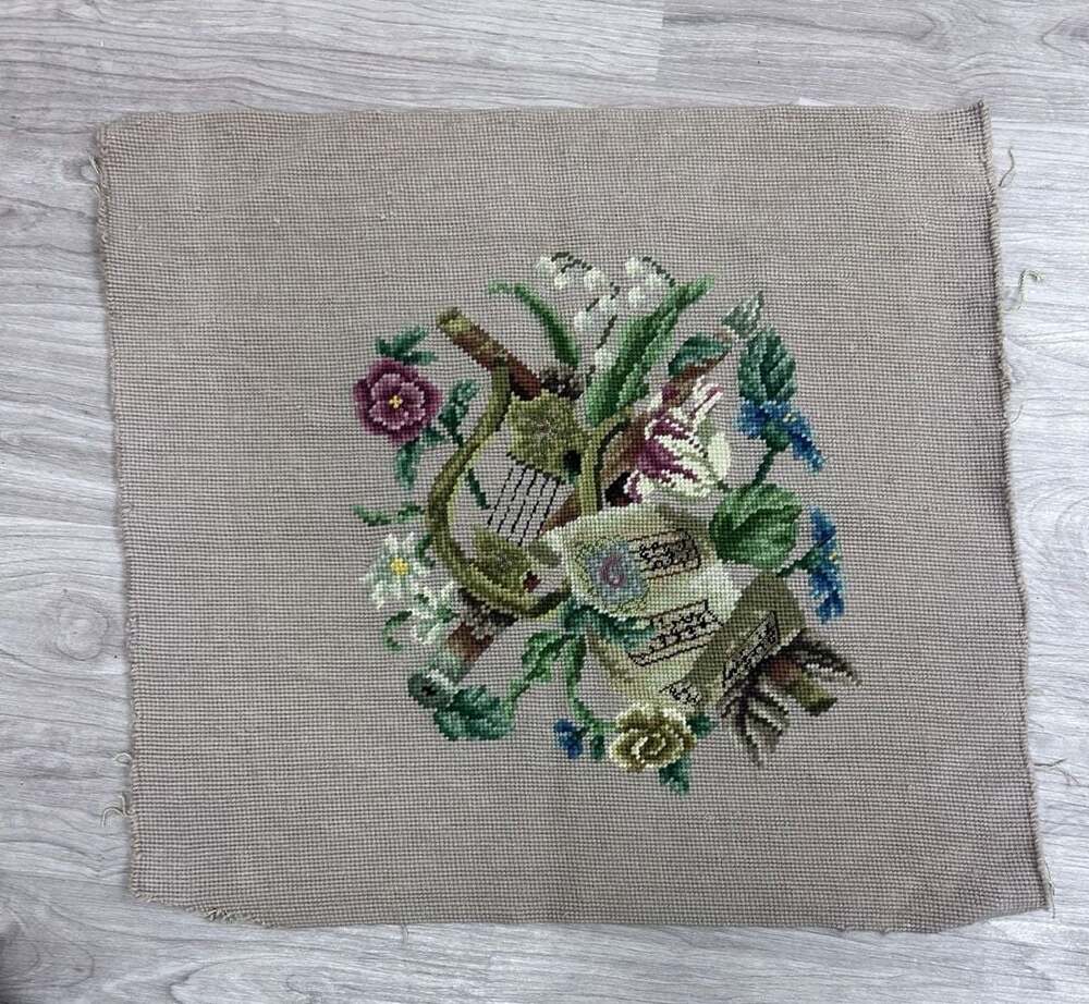 Vintage Dritz Luxury Needlepoint Floral and Musical Instrument Tapestry Piece